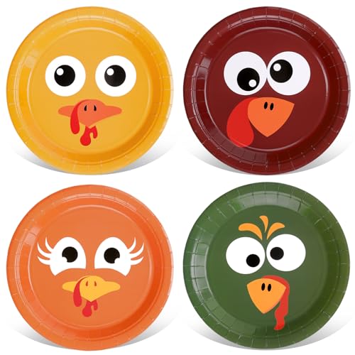 Whaline Fall Thanksgiving Turkey Paper Plates Colored Cartoon Turkey Disposable Plates 9 Inch Autumn Party Tableware for Birthday Harvest Holiday Table Decor Supplies 24 Pcs