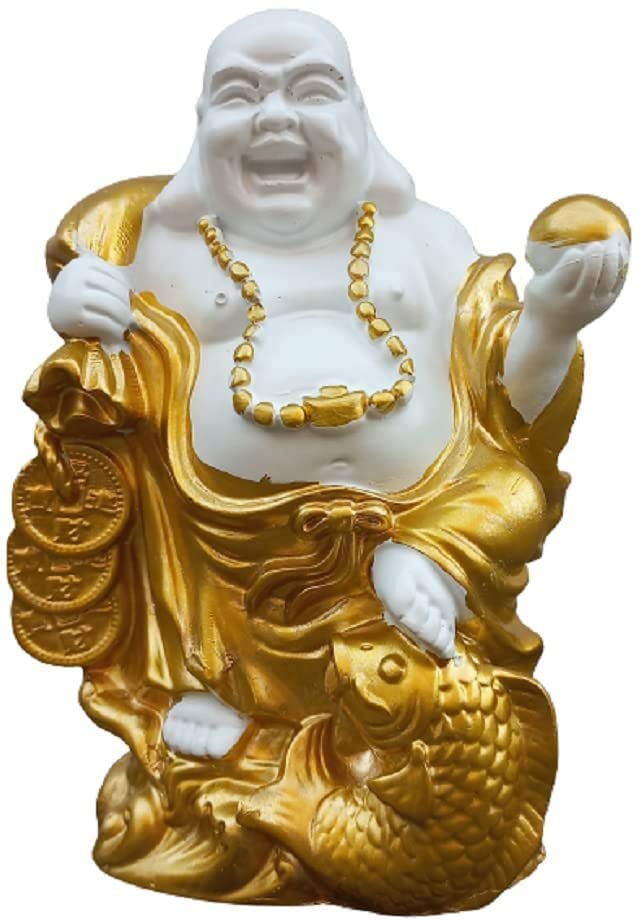 Sawcart Laughing Buddha Statue Holding Ingot Gold Coins & Fish Good Luck Money Figurine Happiness Feng Shui Idol Chinese God of Wealth Prosperity Handmade Polyresin Home & Decor (Golden)