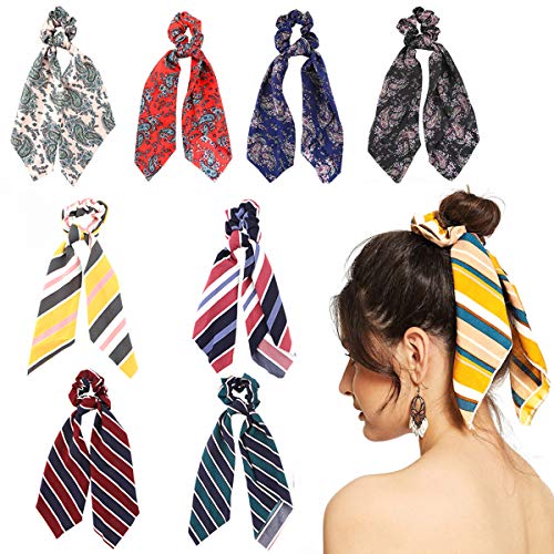 Makone Hair Scarf Scrunchie for Women Long Satin Scrunchies with Scrafs Ponytail Holder Elastic Hair Bands Scrunchy Accessories for Hair -8 pack of Stripe Style