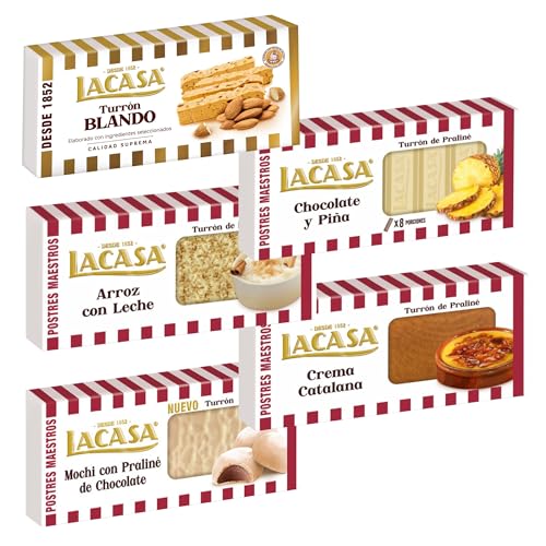 Pack Surtido 5 Turrones Lacasa:Blando, Arroz con Leche, Chocolate y Piña, Crema Catalana, Mochi con Praliné de Chocolate
