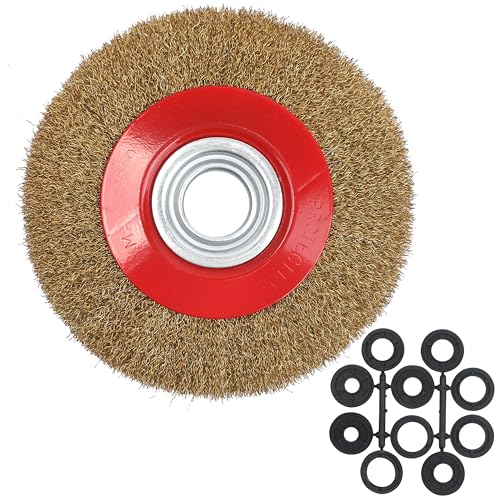 Image of 8 Inch Wire Wheel for Bench Grinder, Crimped Steel Brass Coated Brush with 1 /2 inch 5 /8 inch 3 /4 inch 7 /8 inch 1 inch Arbors, Round Grinding Accessories for Paint Rust Removal Deburring Descaling Finishing Polishing