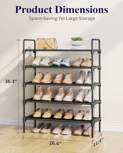 Image of Kitsure Shoe Rack, 26.6 inch Wide Shoe Organizer, 5 Tiers, Black | Closet, Front Door Entrance, Entryway, Stackable & Detachable Shelf, Closet Organizers and Storage