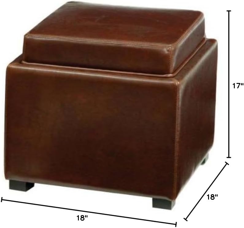 Brown Bi-Cast Leather Ottoman with Tray and Storage