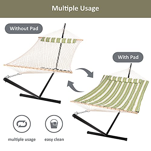 Suncreat Cotton Rope Hammock For Two People With Hardwood Spreader Bars, Quilted Fabric Pad & Detachable Pillow, Extra Large Hammock With 12 Ft Steel Stand, Ipad Bag & Cup Holder, Green&Beige #TOP1