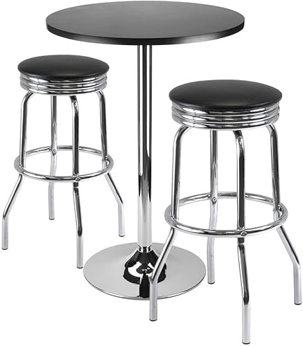 Round Bar Table Set, Black Swivel Stools, High Top Pub Dining Furniture, 3-Piece Wood Veneer Top, Chrome Metal Base