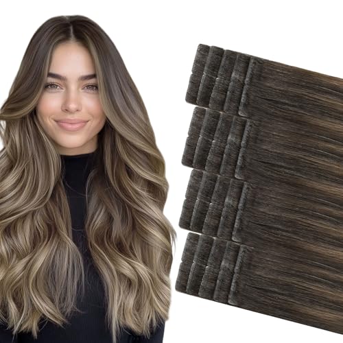 Image of COOKAYU Invisible Tape in Hair Extensions, Balayage Dark Brown to Dirty Blonde 14Inch 20pcs 30g /pack Straight Real Human Hair Invisible Injected Tape in Extensions