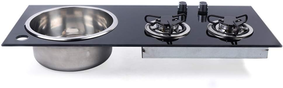 RV Gas Stove 2 Burners Camping Cooking Stove LPG Gas Stove with Detachable Pot Racks and Sink Empered Glass Panel Gas Range for Boat, RV, Camper (GR-216B)