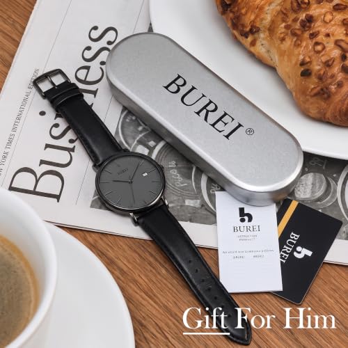Image of BUREI Men's Fashion Minimalist Wrist Watch Analog Date with Leather Strap