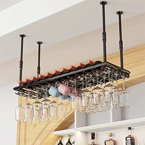 WXQDDA Ceiling Wine Glass Rack, Adjustable Hanging Metal Wine Holder, Floating Iron Bottle Holder Wine Shelf, Wine Rack Storage Shelve for Bar Cafe Kitchen Party,Black,100x30cm Chaser of