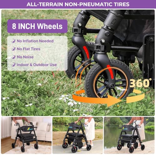 Image of Heavy Duty Rollator Walkers for Seniors with Seat, Foldable 2 in 1 Rolling Walker Wheelchair Combo for Adult, All Terrain Wheels, Adjustable 4 Wheel Walker with Brake, 450 lb. Weight Capacity, Black
