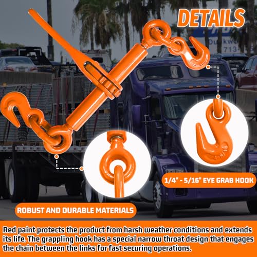 Image of Ratchet Binder 1 /4''- 5 /16'', Load Binder with G70 Grab Hooks, Adjustable 1 /4 inch Binder for 1 /4 Chains, 2200 Pounds Working Load Limit- Heavy Duty Ratchet Chain Binders (2 Pack)