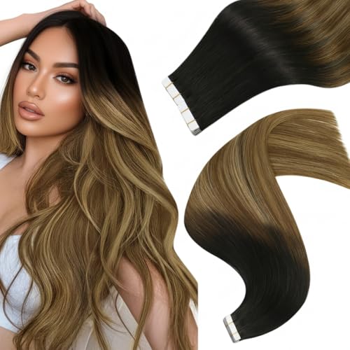 Easyouth Tape in Human Hair Extensions Ombre Tape in Extensions Real Human Hair Ombre off Black to Dark Brown Mix Caramel Brown Balayage Thick Human Hair Tapes in Extension 14 Inch 40g 20pcs