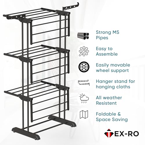 Image of TEX-RO Metal Clothes Drying Stand Foldable with Wheels - 3-Tier Cloth Dryer Stand for Balcony, Bedroom & Indoor Outdoor | Heavy Duty Hanger Stand for Clothes Hanging, Dress Drying Rack - Black