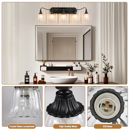 Image of LmnLvn Bathroom Vanity Black Vintage Light Fixture, 5 Lights Bathroom Lighting Matte Antique Brass Finish with Crystal Glass Shade, Black Vintage Vanity Light