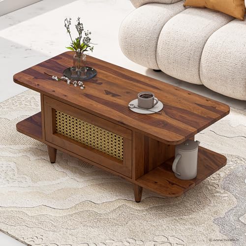 Image of SIDHI Solid Sheesham Wood Coffee Table & Center Table with Rattan Cane Lift-Down Shutter & Both Side Open Shelves for Living Room (Honey Finish)