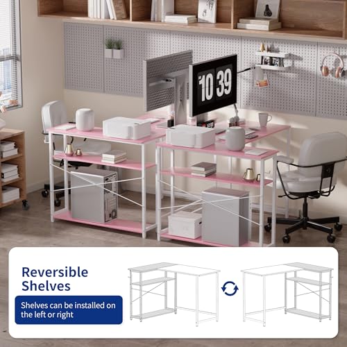 Pamray 43 Inch L Shaped Computer Desk with Reversible Side Storage Shelves, Small Corner Desk for Small Space Home Office,Writing Study Table PC Desk for Bedroom,Pink with White Leg - Image 6