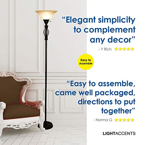 Floor Lamp for Living Room Decor by Light Accents - Tall Floor Lamp Bed Room Decor - Traditional Iron Scrollwork Standing Lamp Pole Light with Alabaster Glass Bowl Shade – 70" Tall- (Bronze)