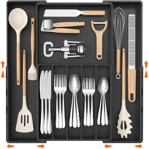 Lifewit Cuberteros para Cajón de Cocina, Organizador Cubiertos de Plástico, Almacenamiento para Cuchillos, Tenedores y Cucharas, de 5 a 8 Compartimentos, Extensible de 30,5–52 cm de Ancho, Negro