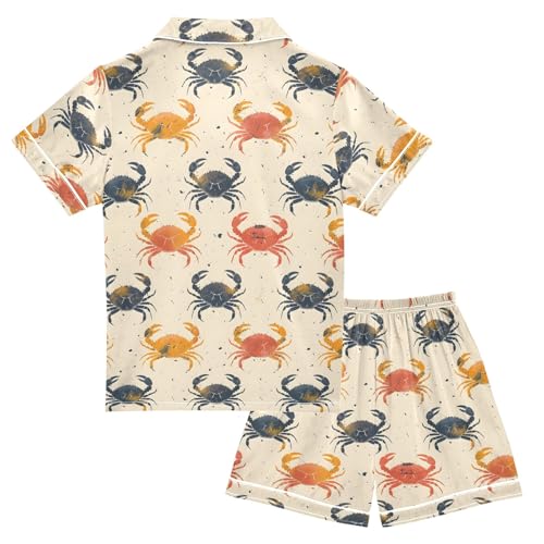 Retro Crabs Summer Satin Pajama Set, Cute Button-Down Sleepwear Pj Set for Sleep Wears2