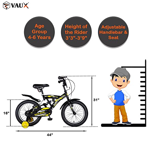 Image of Vaux Eco-Sus Kids Cycle for Boys 16 inch with Suspension for Age 4 to 6 Years, Bicycle for Kids with Steel Frame, Alloy Rims, 16x2.40 Tubular Tyres & V-Brakes, Ideal Height: 3.3ft to 3.9ft(Black)