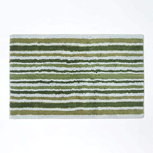 HOMESCAPES Super Absorbent Soft 100% Cotton ‘Devon’ Green and White Bathmat with Striped Geometric Pattern and Non Slip Latex Backing, 50 x 80 cm Large Shower Mat Machine Washable