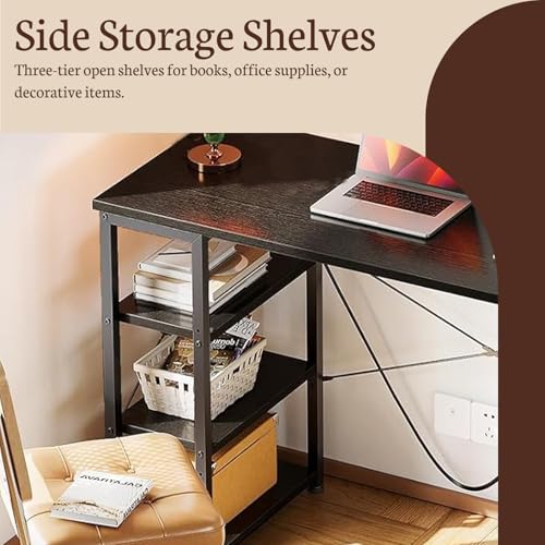 Image of Callas Computer Desk with Side Storage Shelves for Home Office, Study Table for Laptop, Writing & Workstation - Sturdy Metal Frame & Wooden Top (ST-24-Black)