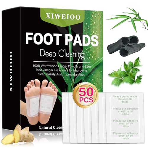 XIWEIOO 50 Pack Natural Foot Pads Ginger Wormwood Bamboo Vinegar Foot Care Patch Message Deep Cleansing Relief, Better Rest, Feet Health Patches, Relaxing Muscles Kit Christmas Gifts for Women