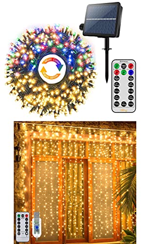 Ollny Solar String Lights Outdoor Waterproof Warm White & Multicolor 98Ft 300 Led, 11 Modes Solar Fairy Lights With Remote, Twinkle Christmas Tree Lights For Garden Patio Party Wedding Holiday #TOP20