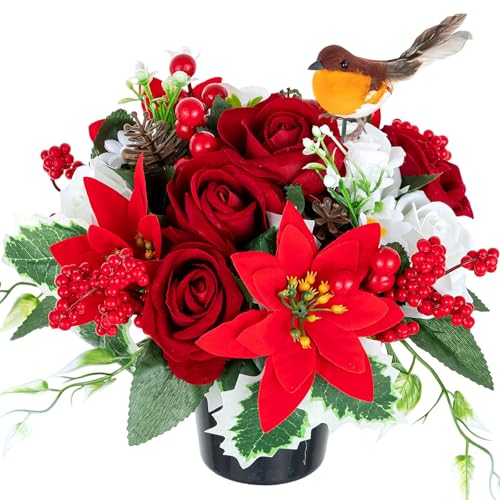 Memobloom Weihnachten Kunstblumen im Topf für Grabschmuck:...