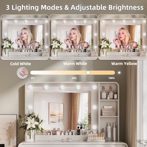 Image of 60.2 inch Makeup Vanity Desk with Charging Station, White Makeup Dressing Table with Mirror & Lights, 3 Lighting Modes Adjustable Brightness, Vanity Table with Power Outlet and 6 Drawers