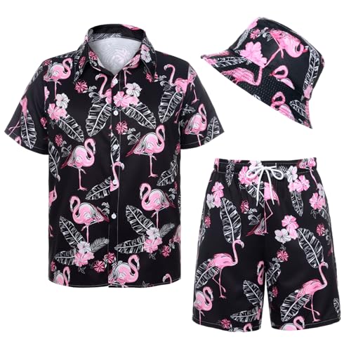 Camisa hawaiana de flor original de 3 piezas con pantalones cortos de playa y un Bob para hombre