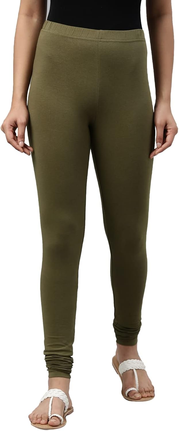 Women's Solid Cotton Mid Rise Slim Fit Churidar - Olive Green(S)