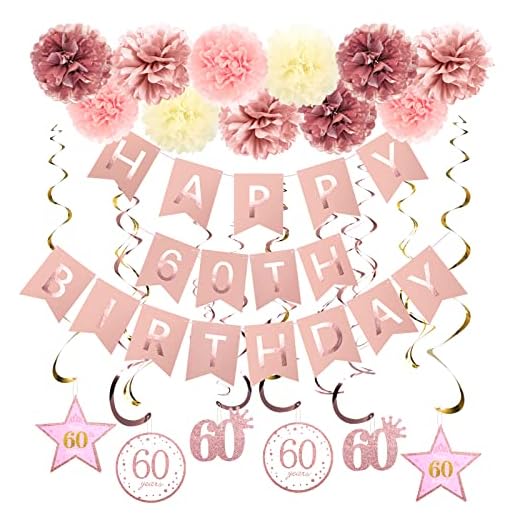GuoZhiXin Rose Gold 60th Birthday Party Decorations , Rose gold Glittery Happy 60th Birthday Banner,Poms,Sparkling Hanging Swirls Kit for 60th Birthday Party Supplies
