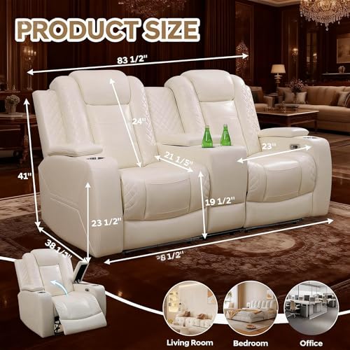 Image of Leather Recliner Loveseat Set, Power Leather Sectional Set with LED Light, Living Room Furniture Sets 2 Seats, Power Reclining Sofa Sets with Storage Console /Cup Holder for Living Room