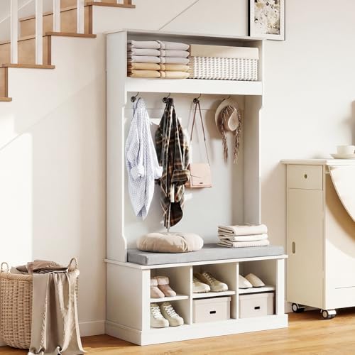 Aptliton Coat Rack with Shoe Storage Hallway Storage Unit with Top Shelf 4 Hooks Cushioned Shoe Bench and Open Cubbies Freestanding Hall Tree for Hallway Entryway White 170 x 100 x 40 cm