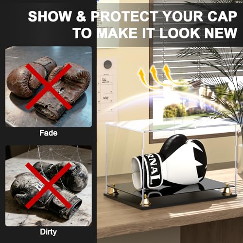Image of Boxing Glove Display Case, Clear Acrylic Display Box, Self-Assembly Full Size Baseball Glove Holder Showcase, Football Mitt Ball Display Case with Metal Bell Base (14.4x9.3x9.4 inch)