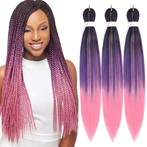 26 8 Packs Braiding Hair Pre Stretched Hair for Braiding Professional Kanekalon Synthetic Hair Hot Water Setting Yaki Texture Synthetic Braiding Hair (26 -8Packs, Purple & Pink End)