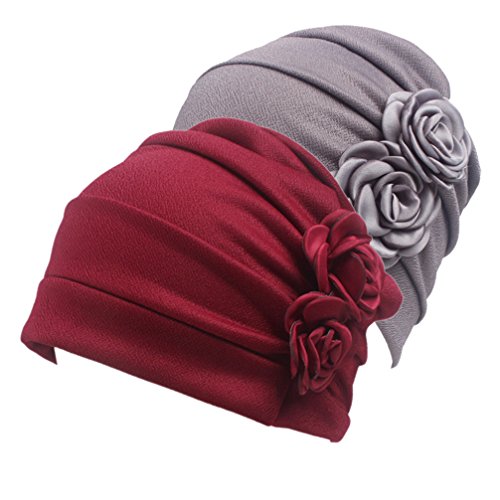 Boboder Frauen Chemo Kappe Soft Nacht Schlaf Turban Headwear Beanie Hut für Krebspatienten (Grau/Weinrot)