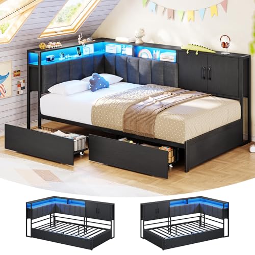 KIMENICH Canapé lit 90 x 190 avec 2 Tiroirs, Lit 90x190 avec Éclairage LED Réglable, Multiprise,...