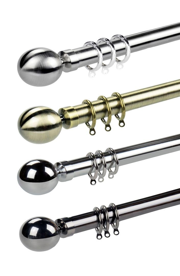 Metal Curtain Pole "Sphere" 120-210cms, Polished Chrome, Extendible Inc Rings, Brackets And Fittings, By Umlout ®