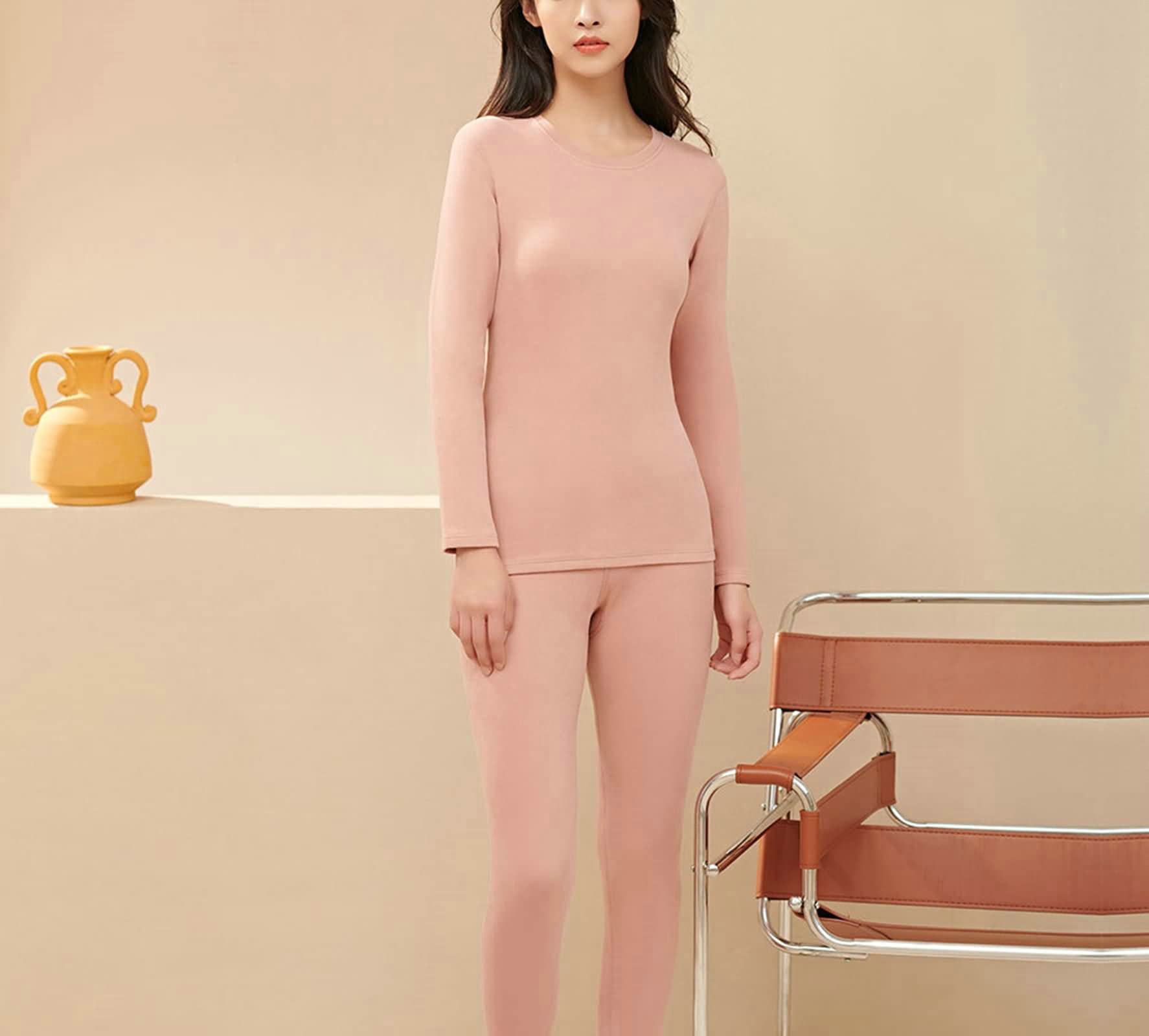 Aeici sous-Vêtement Thermique, sous-Vêtement Thermique Femme Coton Col Rond Haut & Bas Rose