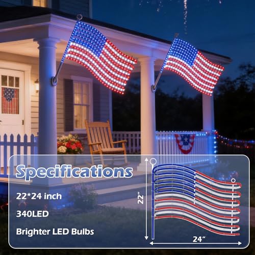 Image of LED American Flag Lights for Wall Pole, Light Up US Flags, 24 inchx21.65 inch Lighted Flag with 340 LEDs Red, Blue, White Colors, Waterproof Banner for Indoor Outdoor Memorial Day Daily Decor