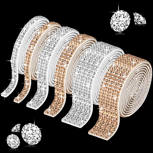 6 Rolls Rhinestone Ribbon Self Adhesive Bling Crystal Diamond Strips Sticker 6 Yards Glitter Silver Gold Faux Ribbon for Arts Craft Event DIY Car Phone Decoration(Gold, Silver)