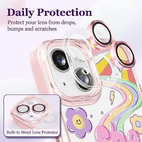 Image of Designed for iPhone 14 Case Pink Glitter Clear - Cute Bling Phone Case with Wrist Strap - Aesthetic Y2K Case for Woman, Girl 6.1 inch (She Shines)