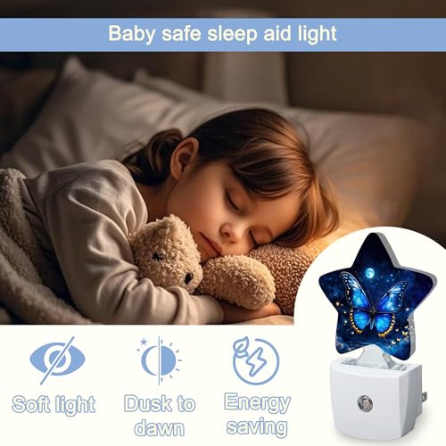 Image of Blue Butterfly Moon Dusk to Dawn Star Night Light,Starry Sky Smart Sensor Nightlight for Bedroom Kitchen Hallway Stairs,Plug-in Energy Efficient Decor Desk Lamp Women Men Gifts