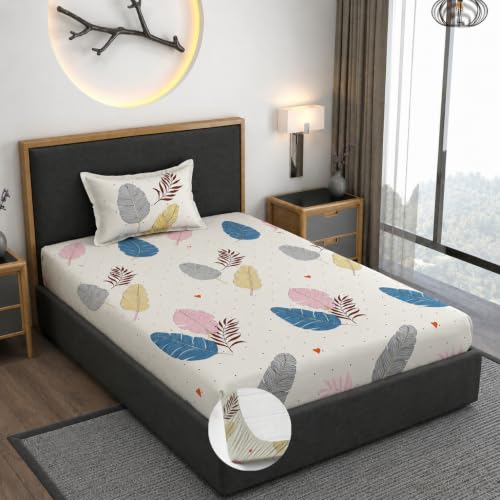 Image of Vaini Premium Heavy Cotton Elastic Fitted Bedsheets with 1 King Size Pillow Covers || Single Bed with All Around Elastic 350 TC || 36 x 78 x 6 Inch Single Size Fitted || :- Colorfull Wings