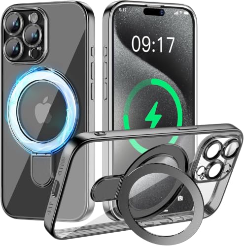 Image of Magnetic for iPhone 15 Pro Case with Invisible Stand[Compatible with MagSafe][Full Camera Lens Protector][Military Drop Protection] Shockproof Not Yellowing Clear Slim Soft for Women Men