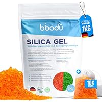 BIBODU® Silica Gel Orange 1KG + 10 Beutel | Silica Kugeln Wiederverwendbar mit Sättigungsindikator | Ideal für Schränke, Schubladen und Elektronik
