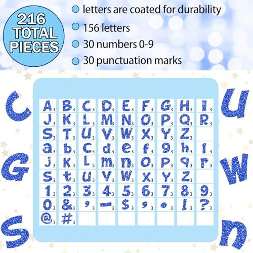 Image of Colarr 216 Pcs Glitter Bulletin Board Letters for Classroom 4 Inch Patriotic Alphabet Punctuation Symbol Cutout Die-Cut Blue Poster Letter with Adhesive Dot School Party Holiday Decor Display