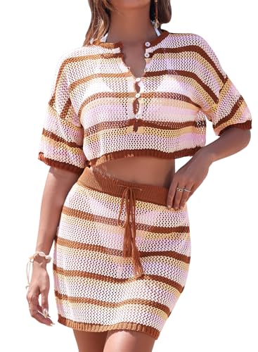 HUUSA Women's 2 Piece Crochet Swimsuit Cover Ups 2025 Hollow Out Bathing Suit Coverup Beach Outfits Crop Top and Skirt Sets